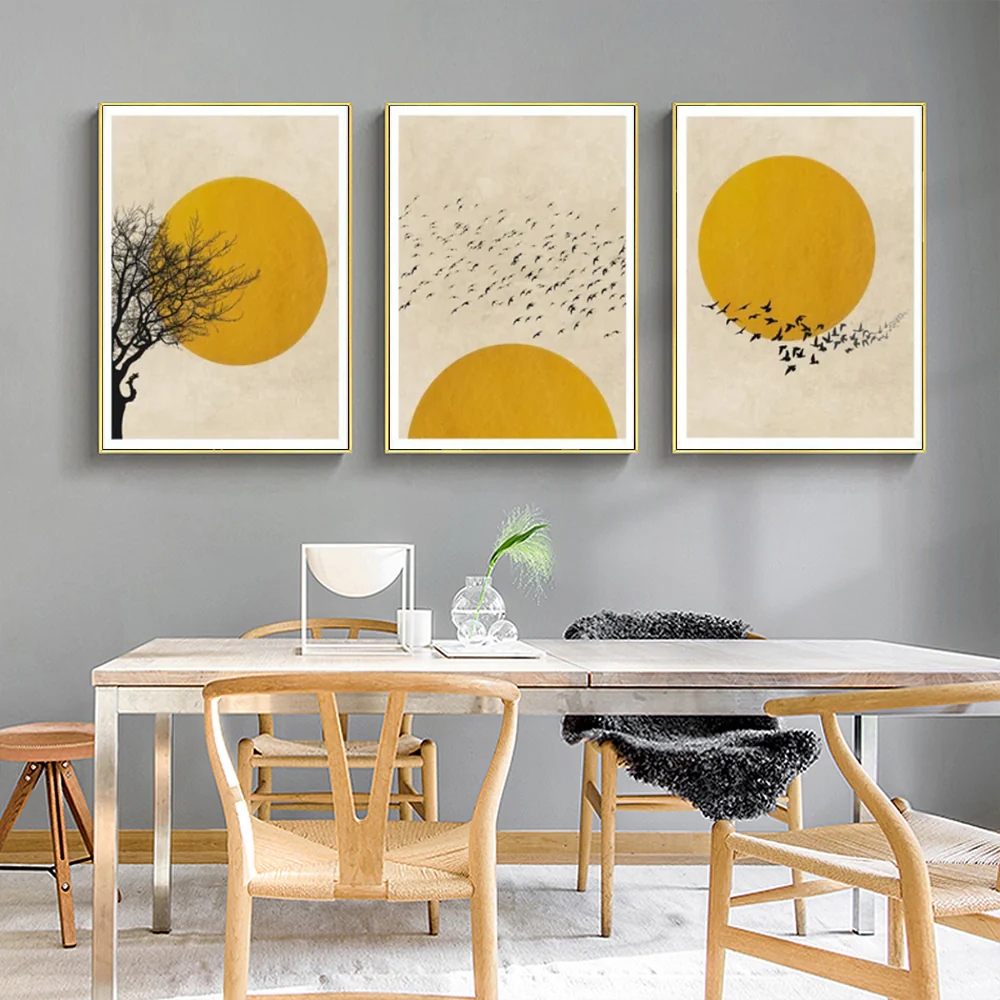 Wall Art 100cmx150cm Flock Of Birds Sun Silhouette 3 Sets Gold Frame Canvas - Image 3