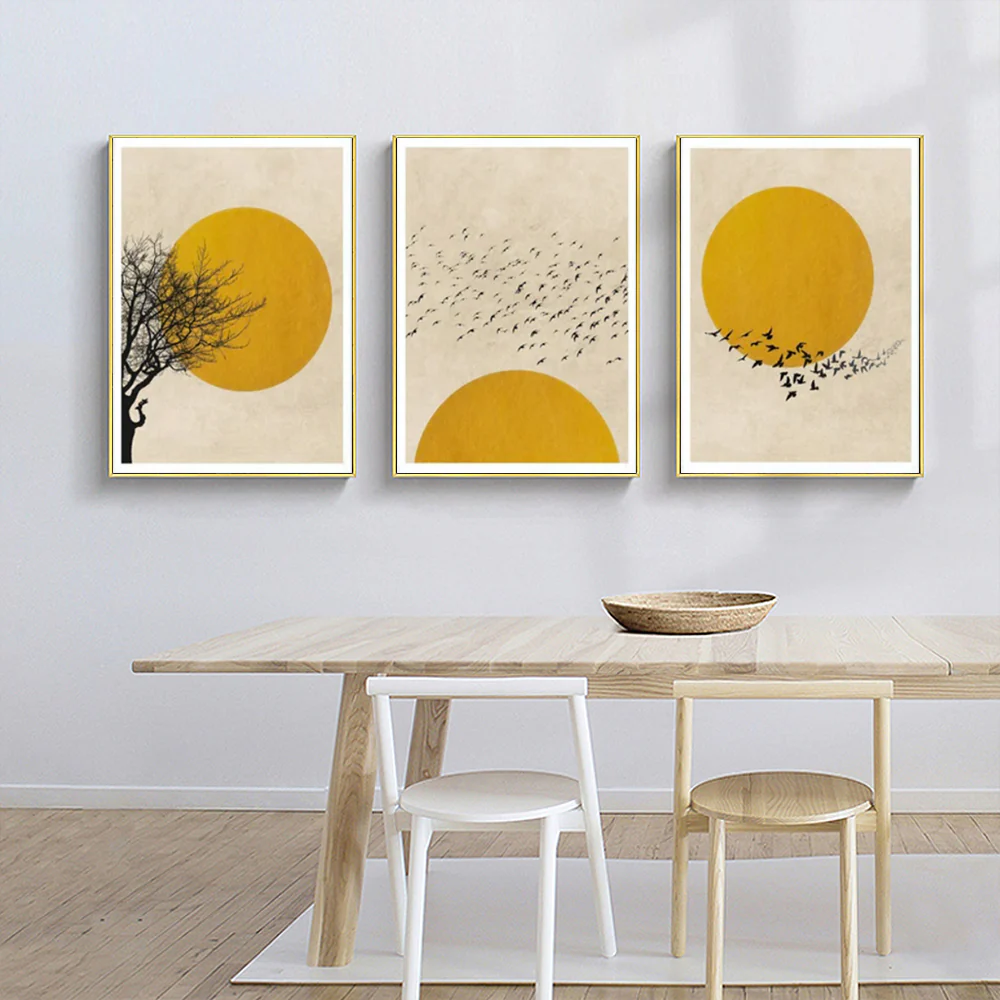 Wall Art 100cmx150cm Flock Of Birds Sun Silhouette 3 Sets Gold Frame Canvas - Image 2