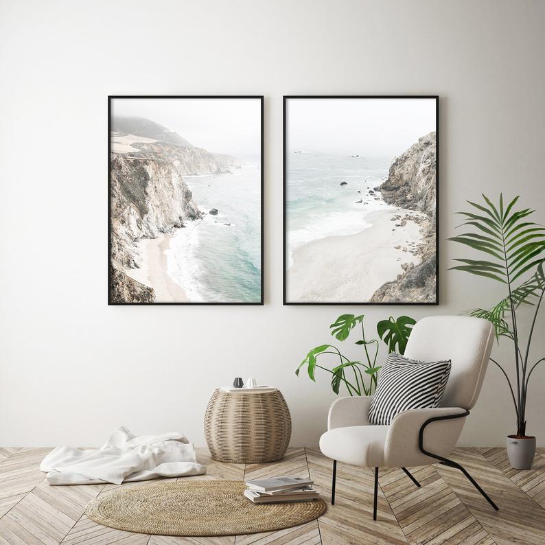 Wall Art 60cmx90cm Mountain Beach 2 Sets Black Frame Canvas - Image 2