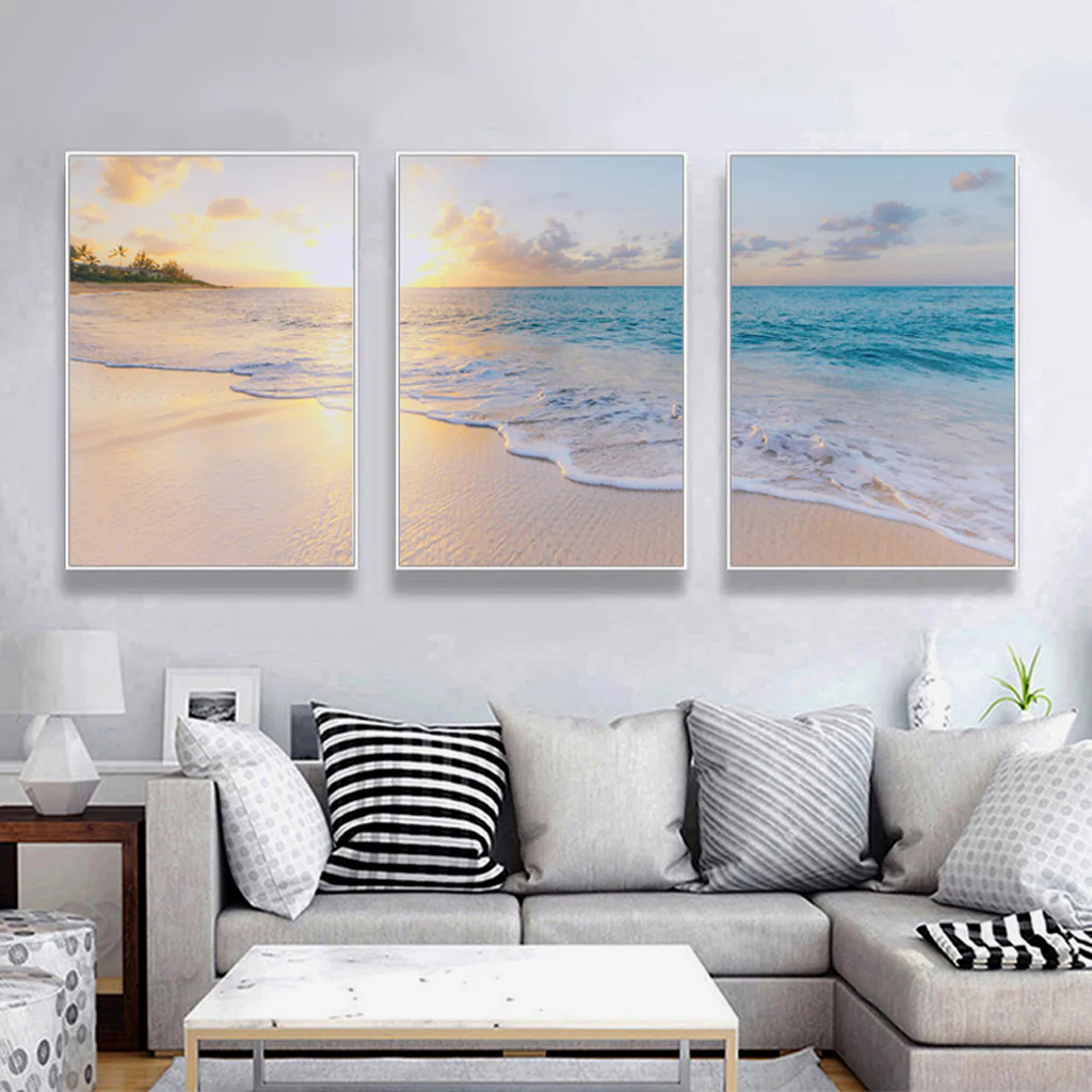 Wall Art 60cmx90cm Ocean and beach 3 Sets White Frame Canvas - Image 2