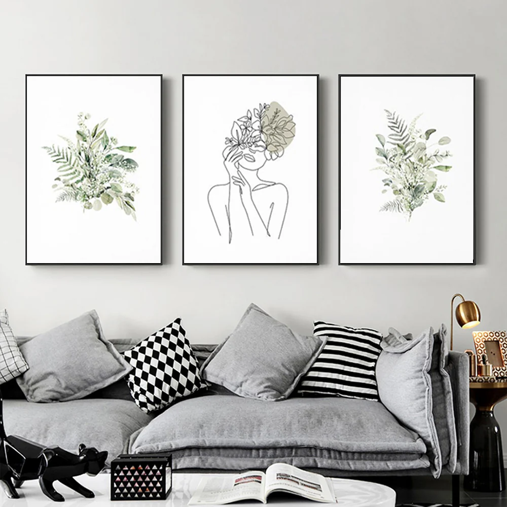 Wall Art 70cmx100cm Botanical Line Girl 3 Sets Black Frame Canvas - Image 3