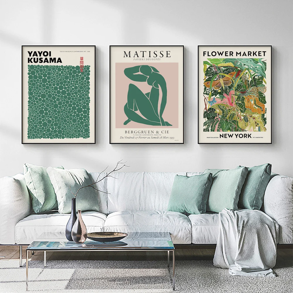 Wall Art 70cmx100cm Flower Market, Matisse Print, Yayoi Kusama 3 Sets Black Frame Canvas - Image 2
