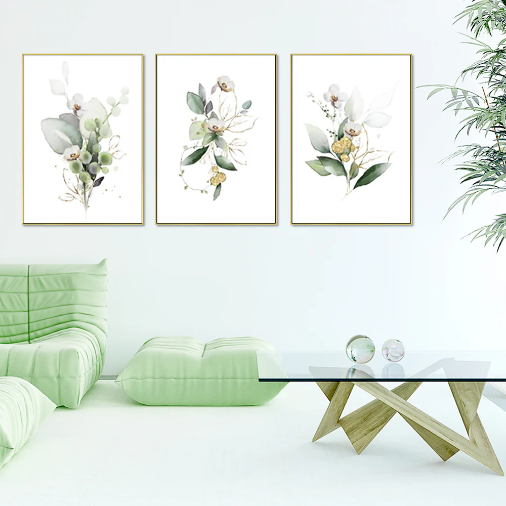 Wall Art 70cmx100cm Green and Gold Watercolor Botanical 3 Sets Gold Frame Canvas - Image 3