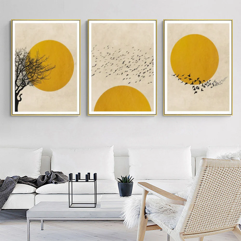 Wall Art 90cmx135cm Flock Of Birds Sun Silhouette 3 Sets Gold Frame Canvas - Image 4
