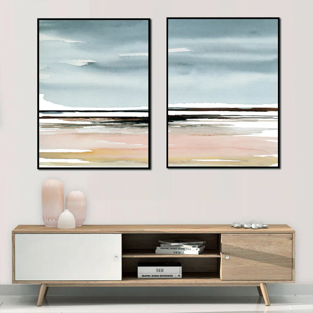 Wall Art 90cmx135cm Pink Beach Landscape 2 Sets Black Frame Canvas - Image 3
