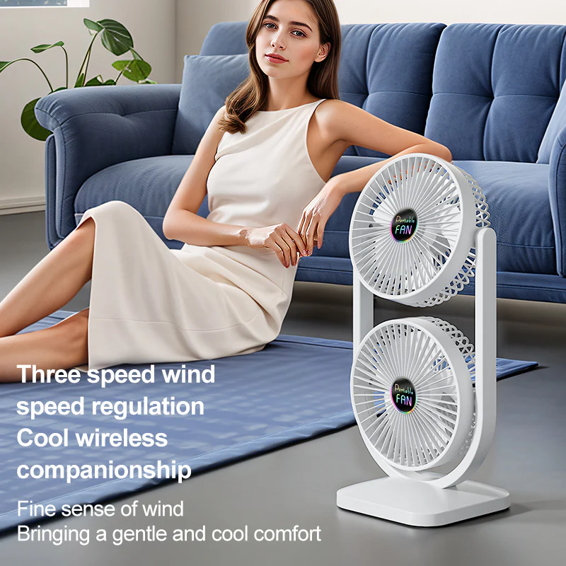 White Dual Head USB Rechargeable Desk Fan - Portable Double Air Circulator - Image 3