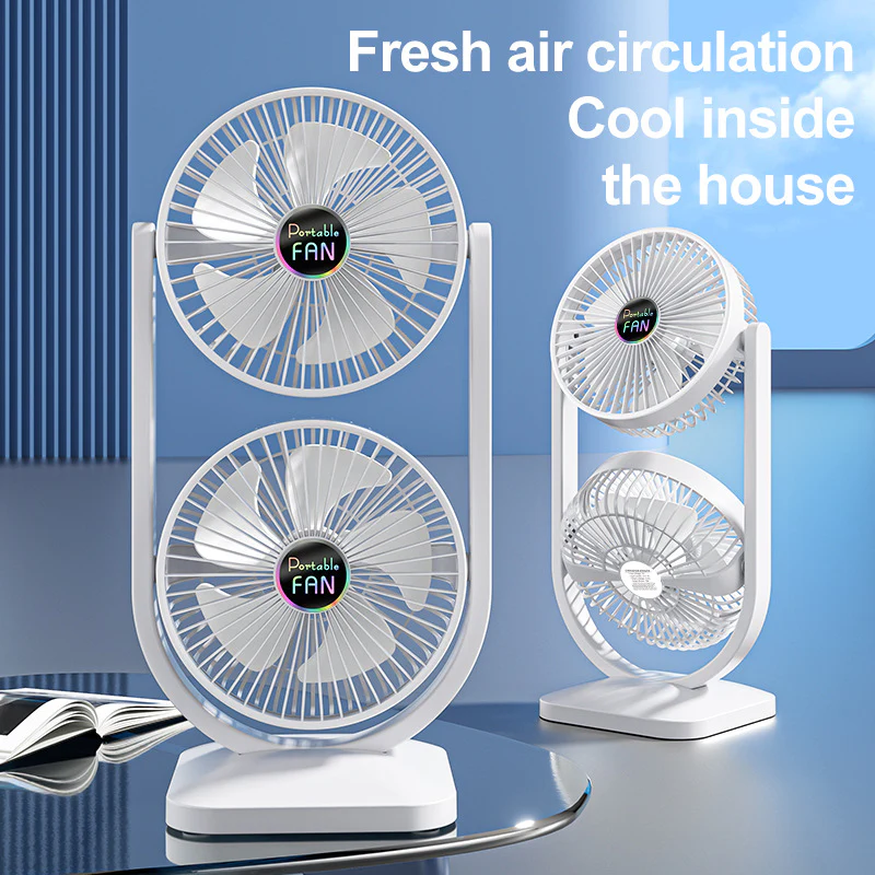 White Dual Head USB Rechargeable Desk Fan - Portable Double Air Circulator - Image 4
