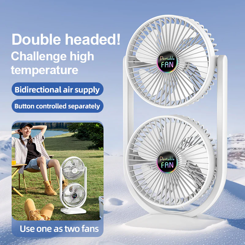 White Dual Head USB Rechargeable Desk Fan - Portable Double Air Circulator - Image 6