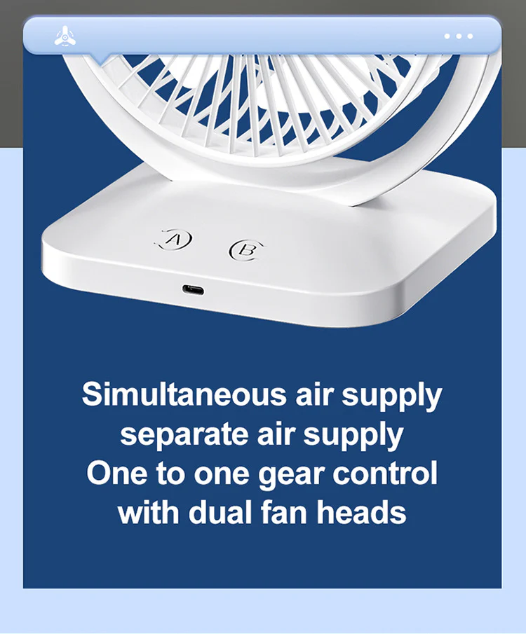 White Dual Head USB Rechargeable Desk Fan - Portable Double Air Circulator - Image 7