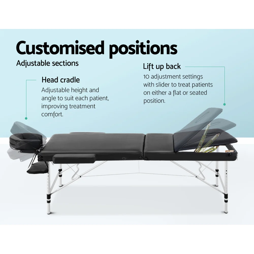 Zenses Massage Table 75cm Portable 3 Fold Aluminium Beauty Bed Black - Image 4