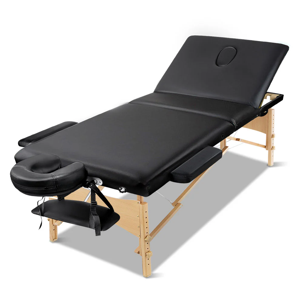 Zenses Massage Table 75cm Portable 3 Fold Wooden Beauty Bed Black - Image 6